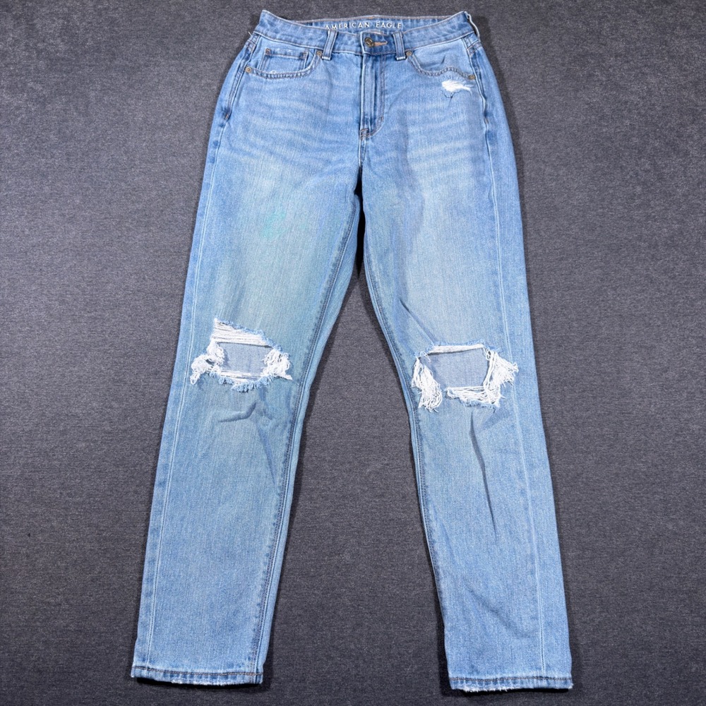 American Eagle Mom Jeans Women 2 Blue Distressed High Rise Light Wash Denim Boho - Picture 1 of 10